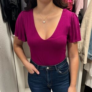 Lulu’s Magenta Purple Flutter Sleeve Bodysuit